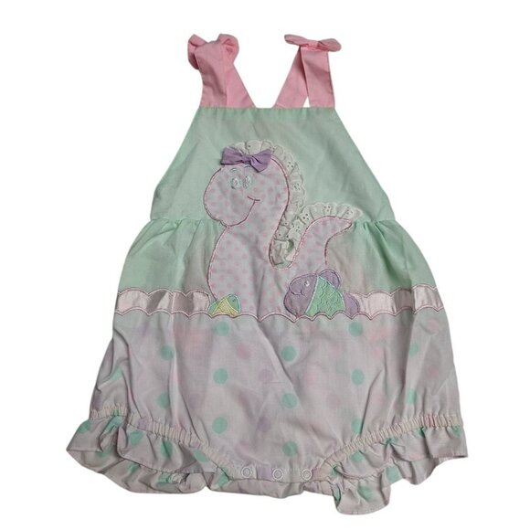 Baby Infant Romper Dinosaur Girls 18 Months VinTage Green Pink Lace Bow Overalls - Picture 1 of 6